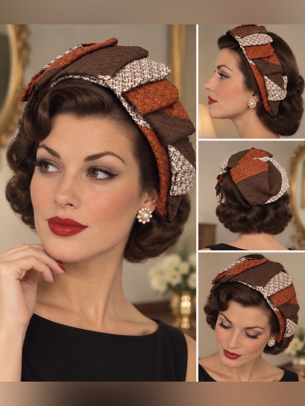 Vintage By Damon Sculptural Fabric Hat Headpiece Brown Orange Cream 50s Style